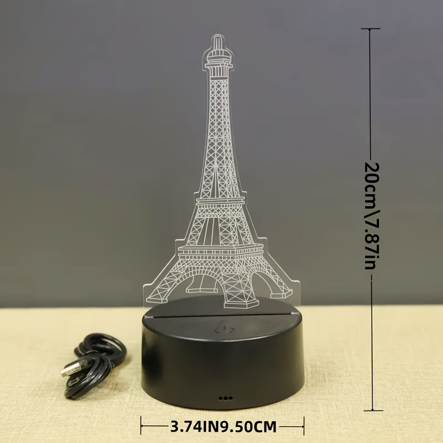 3D Illusion Eiffel Tower LED Night Light, Touch Control Acrylic Table Lamp with 7 Color Changing, Energy Saving USB Rechargeable Desk Decor, Romantic Paris Visual Art Gift