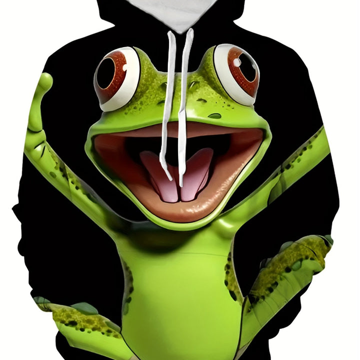 Men's 3D Frog Print Hoodie - Casual & Sporty, Breathable Polyester, Long Sleeve Pullover for Spring & Fall