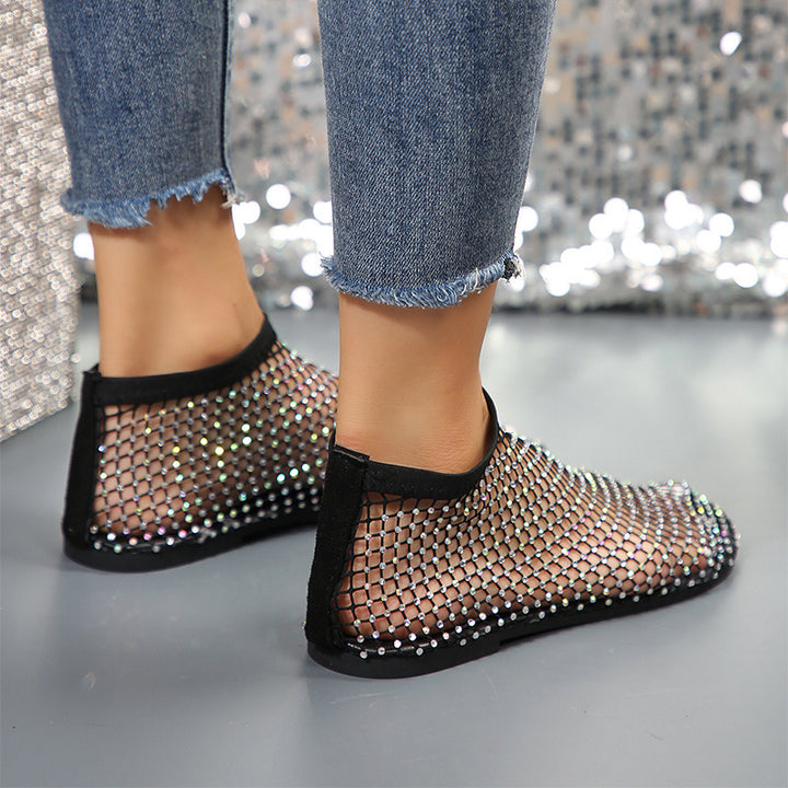 Nuovi sandali piatti cavi con design strass Scarpe estive con punta tonda per le donne - Gufetto Brand 