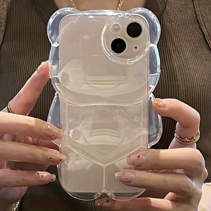 Cute 3D Love Heart Bear Transparent Phone Case - Protect Your iPhone 14/13/12/11 Pro Max XR/14 Plus with Shockproof Soft Cover & Cartoon Animal Glossy Design!