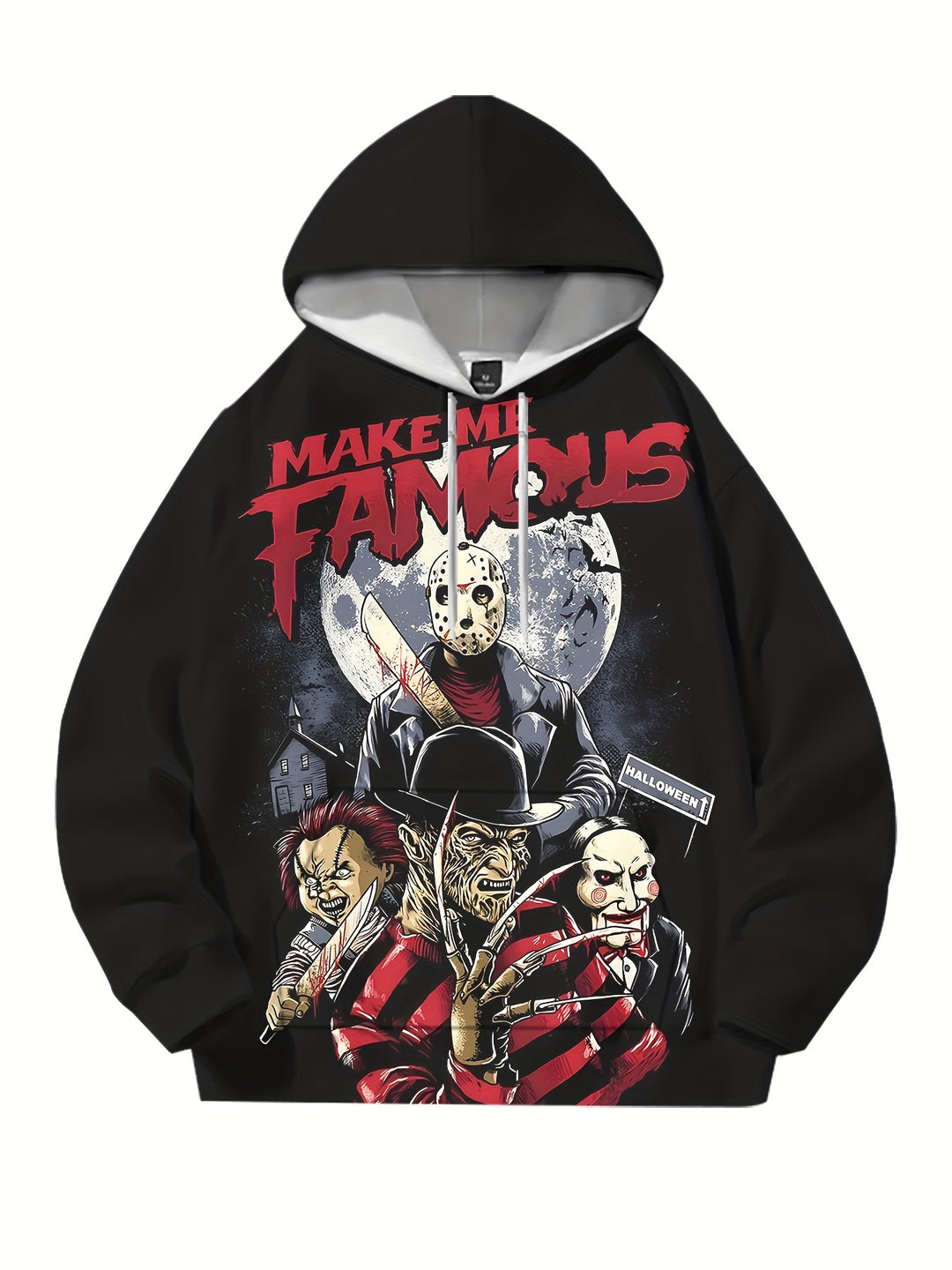 Men's 3D Horror Character Print Hoodie with Kangaroo Pocket - Long Sleeve, Polyester Blend, Machine Washable