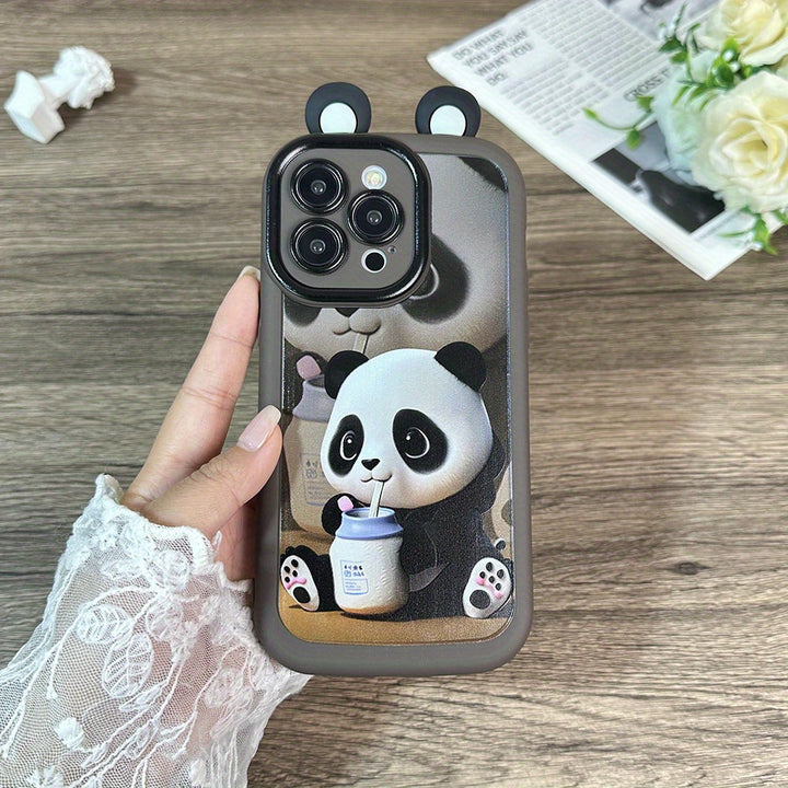 Cute Panda Drinking Milk Ears Mobile Phone Case Suitable for iPhone15\15Pro\15ProMax\14\13\12\11\XsMAX Series Mobile Phone Protection Case