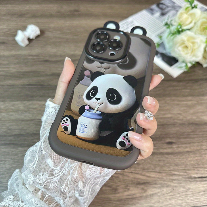 Cute Panda Drinking Milk Ears Mobile Phone Case Suitable for iPhone15\15Pro\15ProMax\14\13\12\11\XsMAX Series Mobile Phone Protection Case