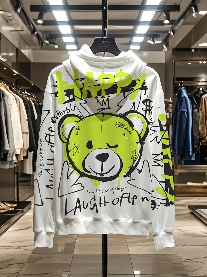 1pc Happy Bear Cartoon Graffiti Print Men'S Hoodie, Casual Streetwear Style, Loose Fit Pullover, Polyester Knit Fabric, Regular Size, Party & Daily Wear