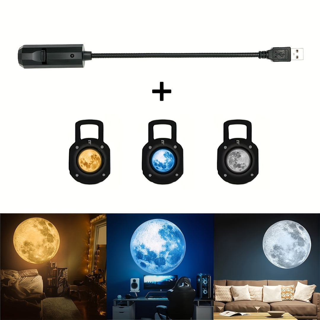 1pc 360° Rotatable Moon Lamp Projector, 3 Interchangeable Projection Plugs, USB-Powered LED Ceiling Light for Bedroom, Photo Backdrop, Proposal, Wedding Decor, ABS Plastic, Non-Waterproof, Decorative Use