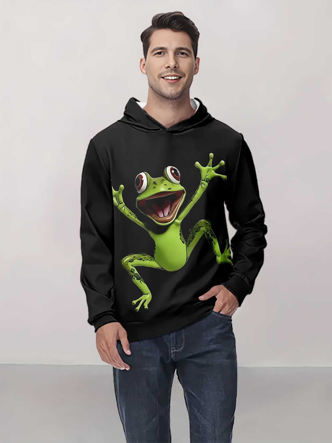 Men's 3D Cartoon Frog Hoodie - Casual Long Sleeve Pullover with Kangaroo Pocket, Perfect for Spring & Fall, Cool, Hoodie Top, Versatile