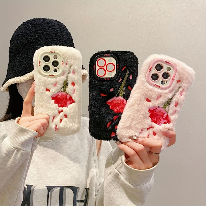 Autumn and Winter Plush Embroidered Rose Flower Holder Mobile Phone Case, Suitable for Apple 16/ 15 Pro Max/15 Pro/15/15Plus/14 Pro Max/14 Pro/14Plus/14/13 Pro Max/13 Pro/13 /12 Pro Max/12 Pro/12/11Pro max/11 Couple Full Pack