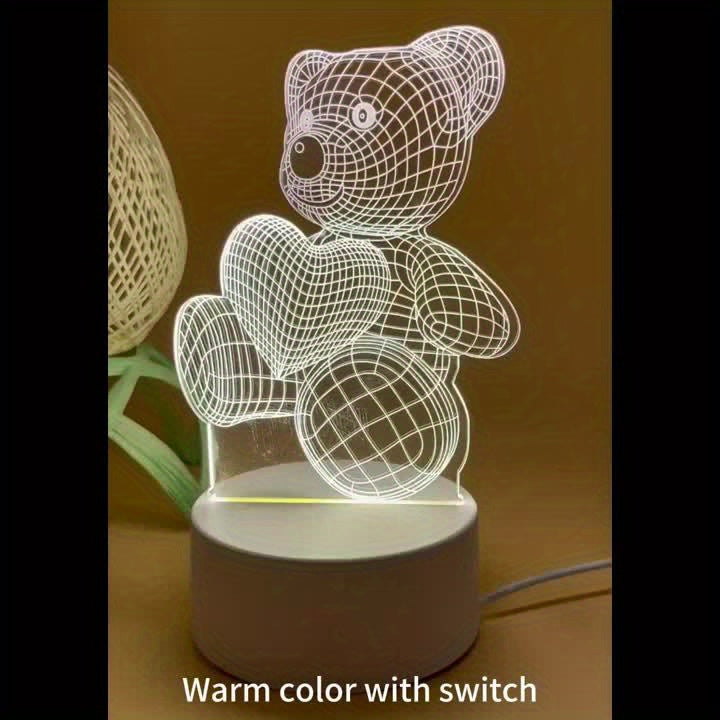 3D Illusion LED Night Light, USB Powered Bear with Heart, 16 Color Touch Switch Bedroom Decorative Lighting, Modern Fantasy Geometric Pattern, Remote Control Tabletop Lamp, Perfect Holiday Gift