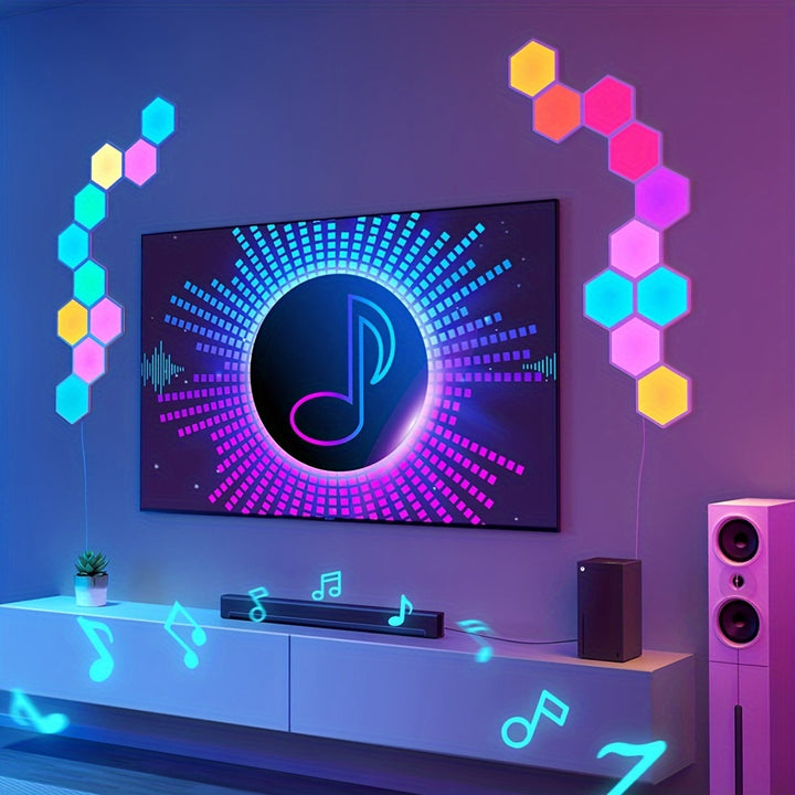 Smart RGB Hexagonal Wall Panels - App-Controlled Sync Honeycomb LED Lights, Non-Waterproof, Wall Mount, Decoration Use, ≤36V, Wireless, Plastic PVC, Toggle On/Off, Powered by USB, Dimmable Color Changing Mood Lighting, With