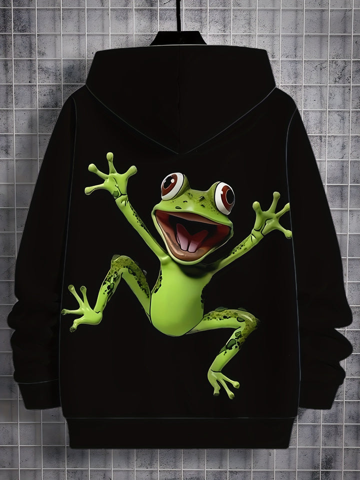 Men's 3D Cartoon Frog Hoodie - Casual Long Sleeve Pullover with Kangaroo Pocket, Perfect for Spring & Fall, Cool, Hoodie Top, Versatile