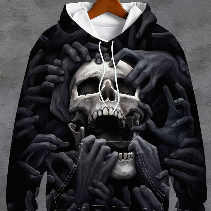 Men's Broken Skull And Hands Pattern Hooded Sweatshirt With Drawstring And Kangaroo Pocket, Sports Fashion Hoodie For Spring And Fall