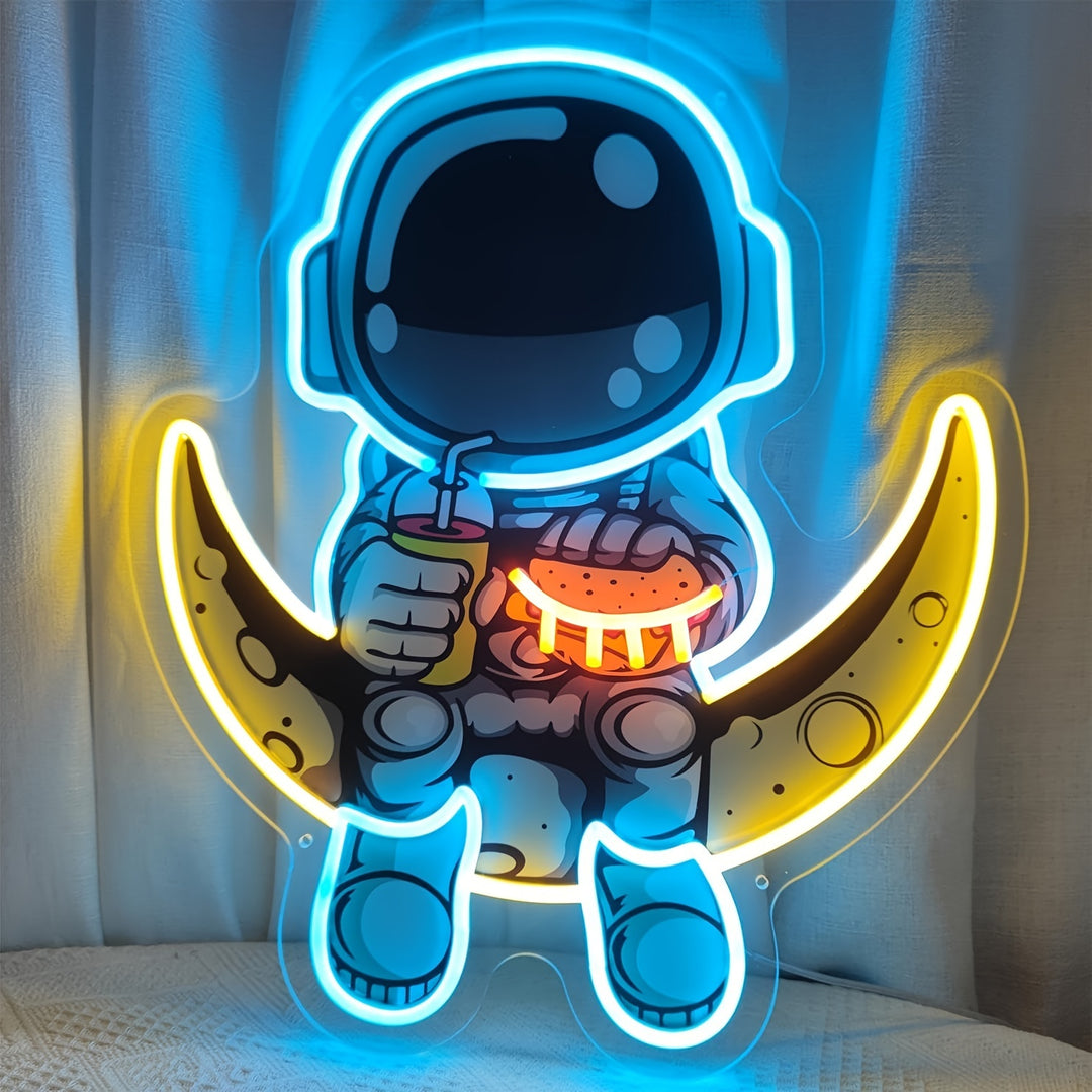 Astronaut Art Neon Sign, Handcrafted Acrylic LED Neon Light, Space-Themed Wall Hanging Decor with USB Power, Non-Dimmable Plastic Astronaut with Burger and Moon, Ideal for Bedroom, Kids Gift, 38cm