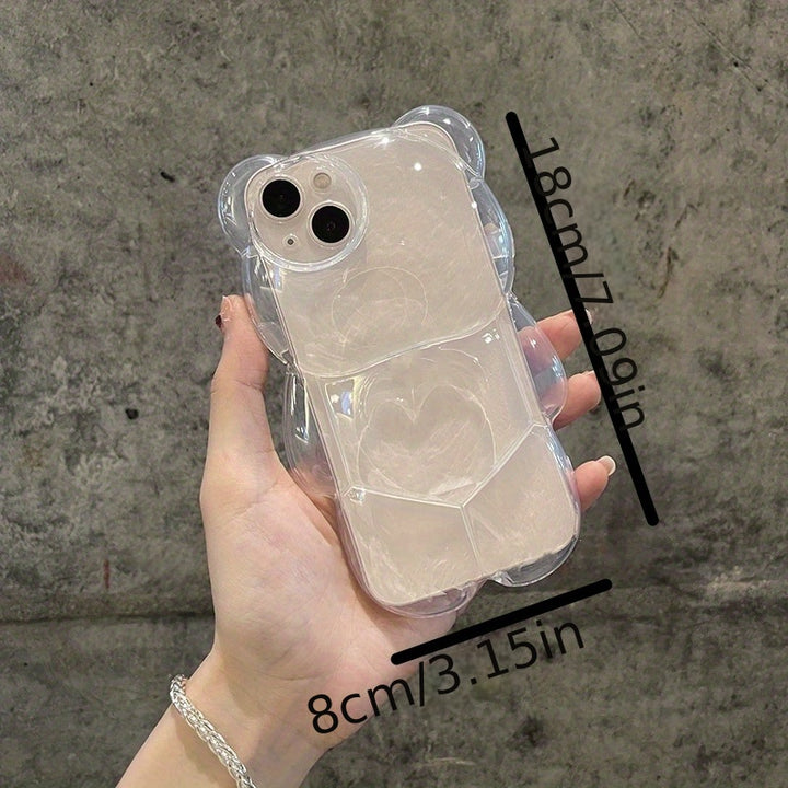 Cute 3D Love Heart Bear Transparent Phone Case - Protect Your iPhone 14/13/12/11 Pro Max XR/14 Plus with Shockproof Soft Cover & Cartoon Animal Glossy Design!