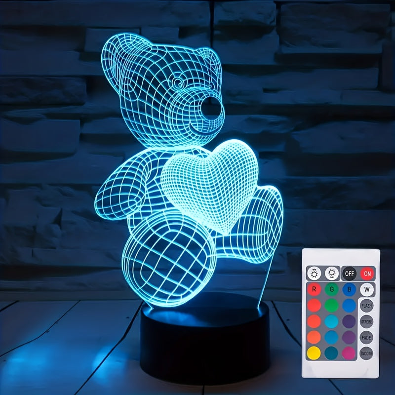 3D Illusion LED Night Light, USB Powered Bear with Heart, 16 Color Touch Switch Bedroom Decorative Lighting, Modern Fantasy Geometric Pattern, Remote Control Tabletop Lamp, Perfect Holiday Gift