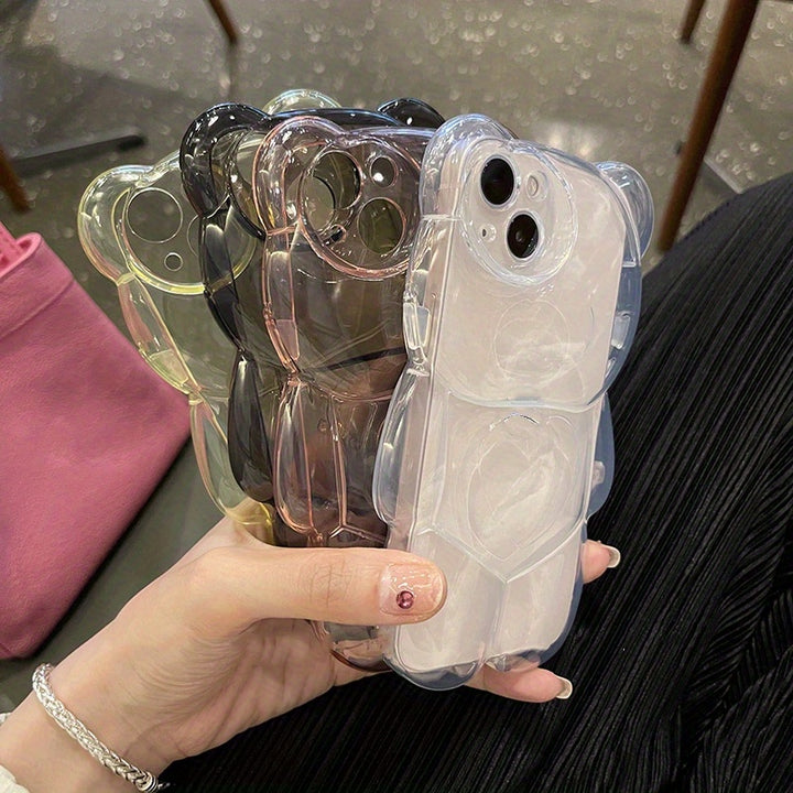 Cute 3D Love Heart Bear Transparent Phone Case - Protect Your iPhone 14/13/12/11 Pro Max XR/14 Plus with Shockproof Soft Cover & Cartoon Animal Glossy Design!