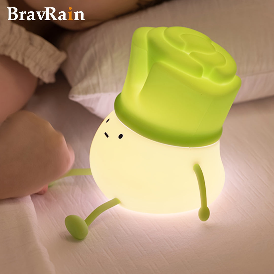 1pc Cute Leek Head Tap Night Light, Silicone Touch 3-Levels Dimmable Timed Bedside Lamp LED Light