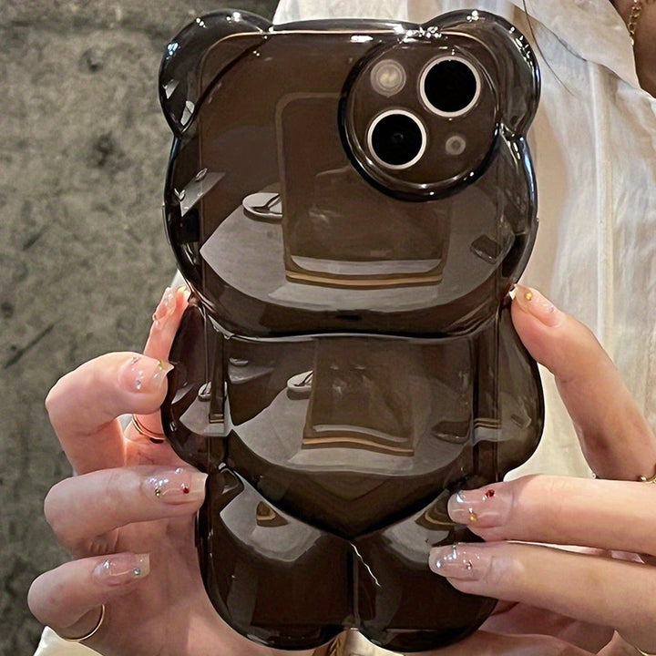 Cute 3D Love Heart Bear Transparent Phone Case - Protect Your iPhone 14/13/12/11 Pro Max XR/14 Plus with Shockproof Soft Cover & Cartoon Animal Glossy Design!