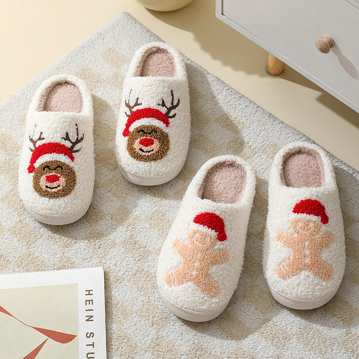 Pantofole natalizie per la casa Pantofole in cotone con Babbo Natale simpatico cartone animato per donne e uomini Coppie scarpe pelose calde invernali - Gufetto Brand 