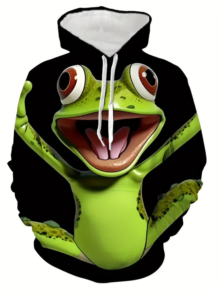 Men's 3D Frog Print Hoodie - Casual & Sporty, Breathable Polyester, Long Sleeve Pullover for Spring & Fall