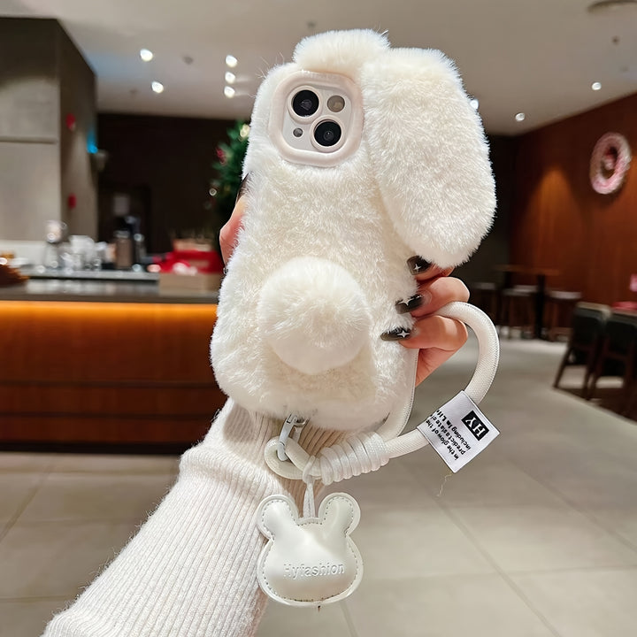 Autumn and Winter Warm Plush Cute Rabbit Mobile Phone Case with Hanging Rope Suitable for iPhone 16 15 14 13 12 11 Pro Max