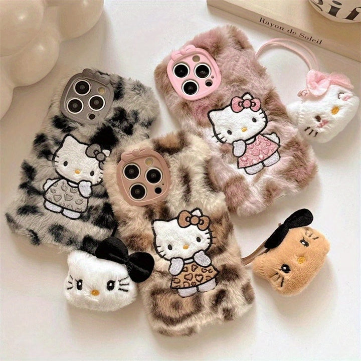 [Sanrio] New Autumn And Winter Plush Embroidered Cute Leopard print Hello Kitty Phone Case, Compatible with iPhone Models 11 to 16.max Simple and Fashionable Autumn and Winter Models. It's a Perfect Gift for Any Occasion.