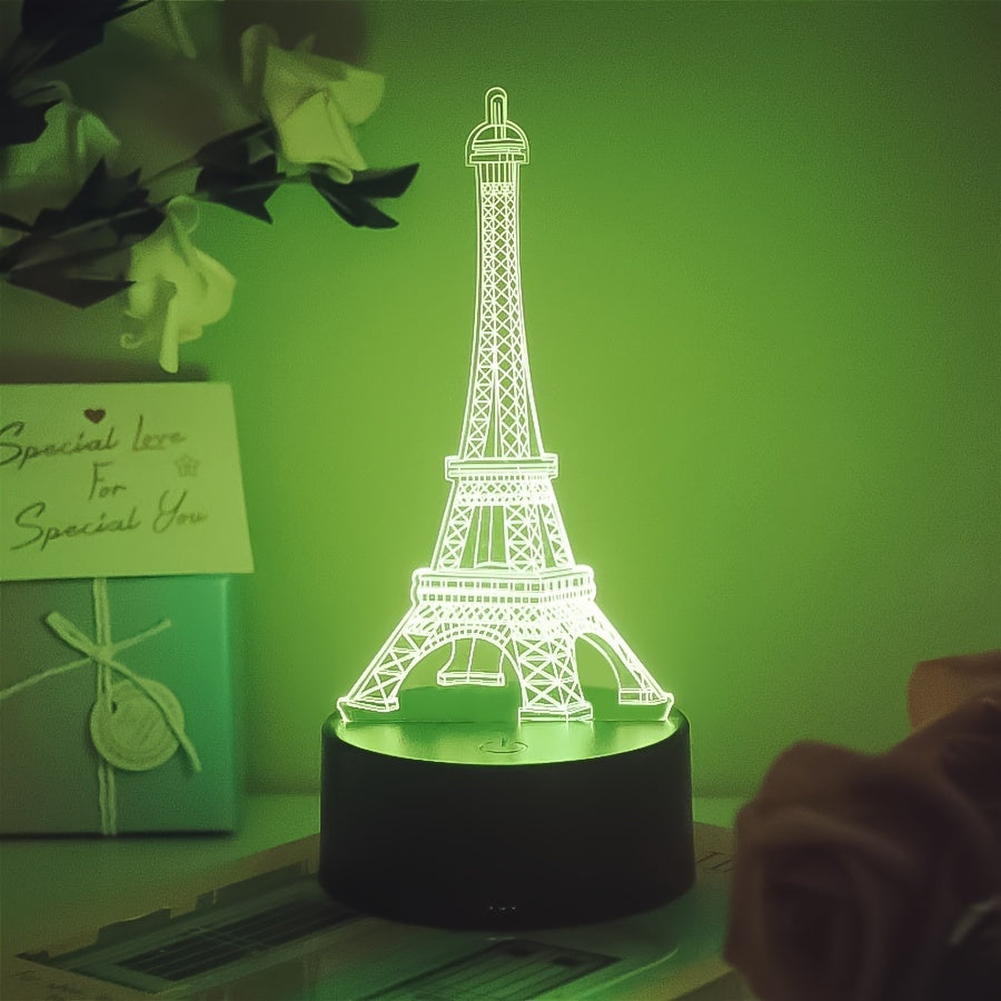 3D Illusion Eiffel Tower LED Night Light, Touch Control Acrylic Table Lamp with 7 Color Changing, Energy Saving USB Rechargeable Desk Decor, Romantic Paris Visual Art Gift