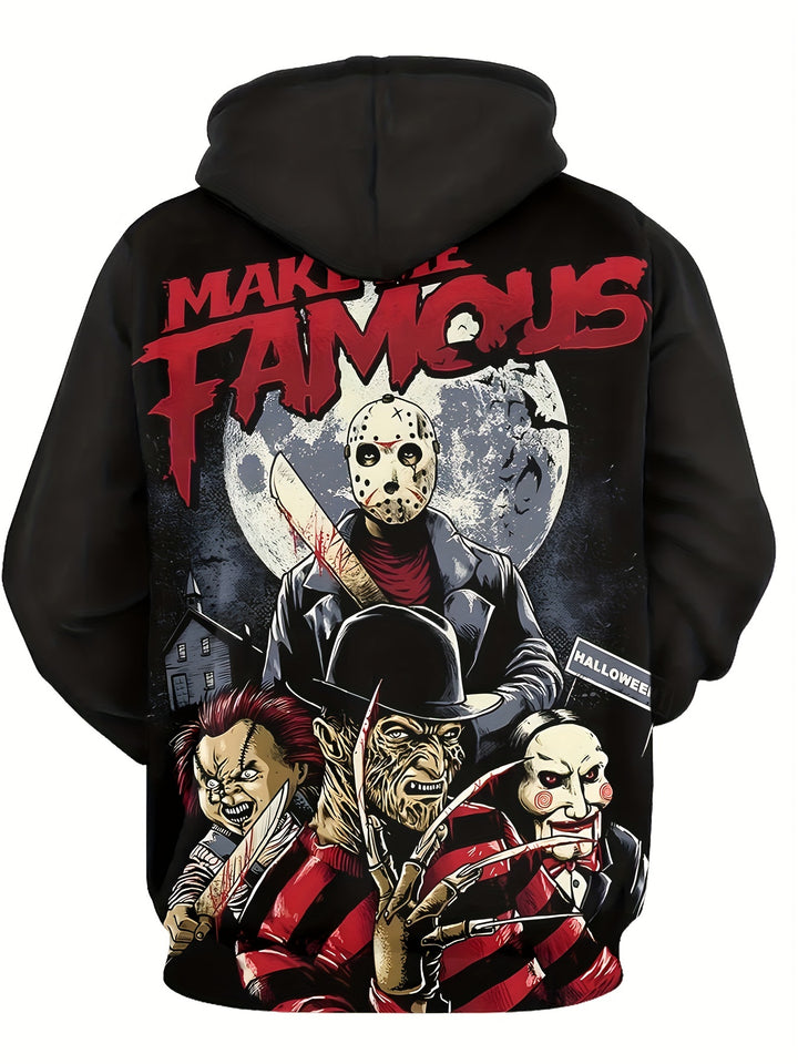 Men's 3D Horror Character Print Hoodie with Kangaroo Pocket - Long Sleeve, Polyester Blend, Machine Washable