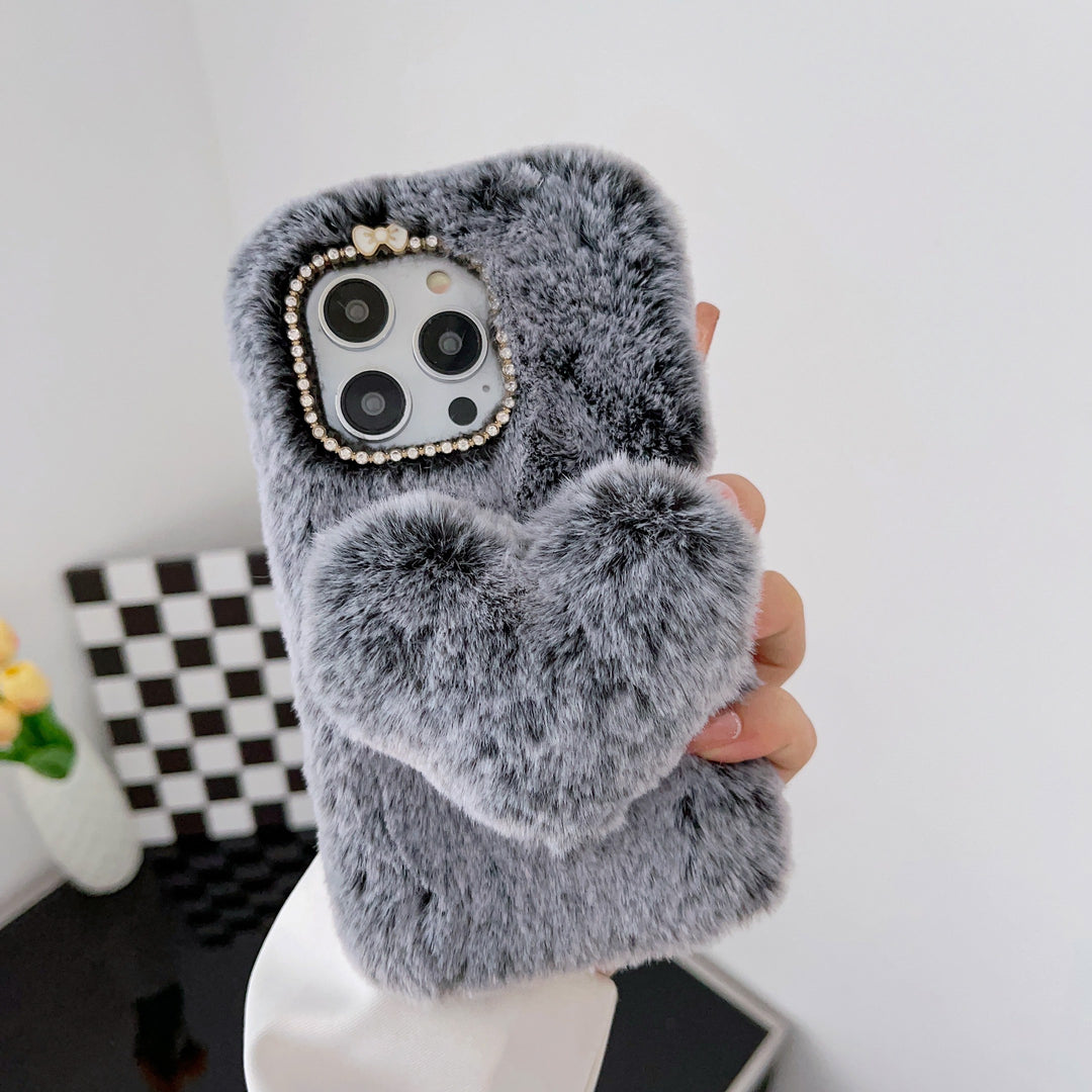 Gray Plush Mobile Phone Case with Three-dimensional Large Love Heart