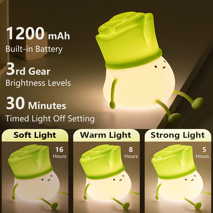 1pc Cute Leek Head Tap Night Light, Silicone Touch 3-Levels Dimmable Timed Bedside Lamp LED Light