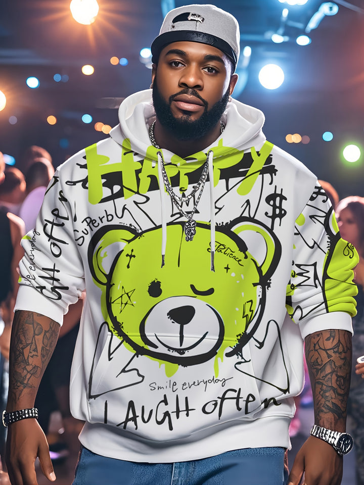 1pc Happy Bear Cartoon Graffiti Print Men'S Hoodie, Casual Streetwear Style, Loose Fit Pullover, Polyester Knit Fabric, Regular Size, Party & Daily Wear