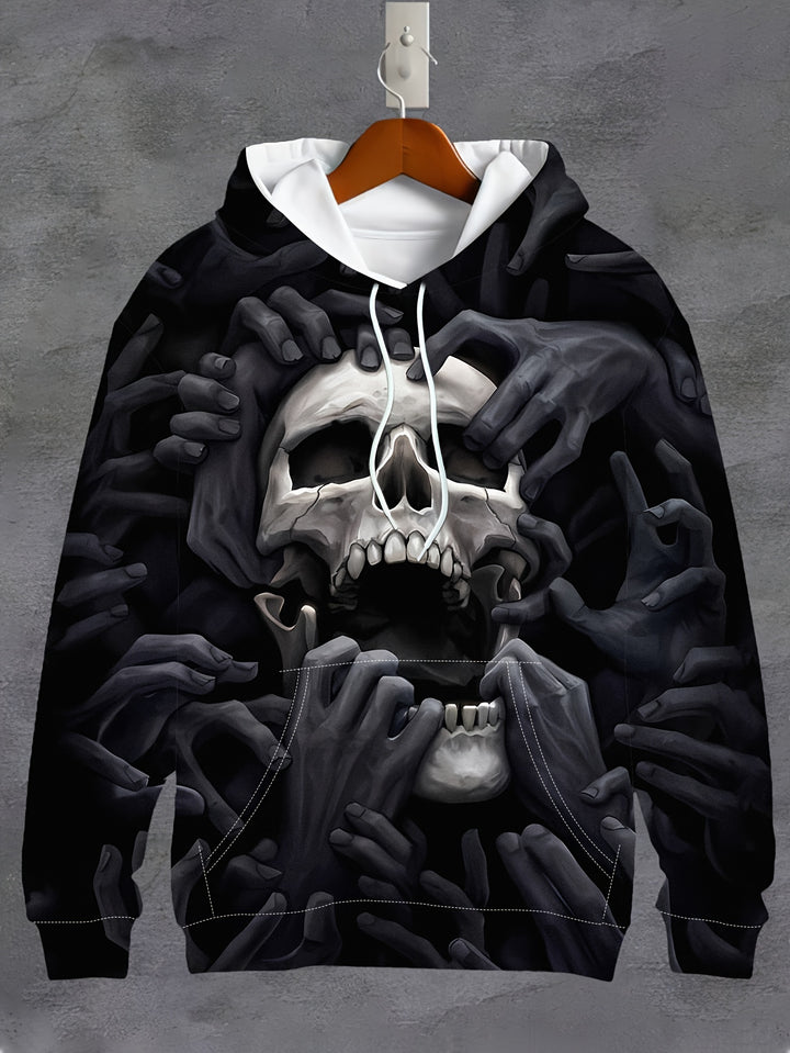 Men's Broken Skull And Hands Pattern Hooded Sweatshirt With Drawstring And Kangaroo Pocket, Sports Fashion Hoodie For Spring And Fall