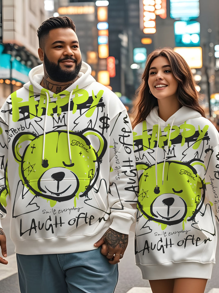 1pc Happy Bear Cartoon Graffiti Print Men'S Hoodie, Casual Streetwear Style, Loose Fit Pullover, Polyester Knit Fabric, Regular Size, Party & Daily Wear