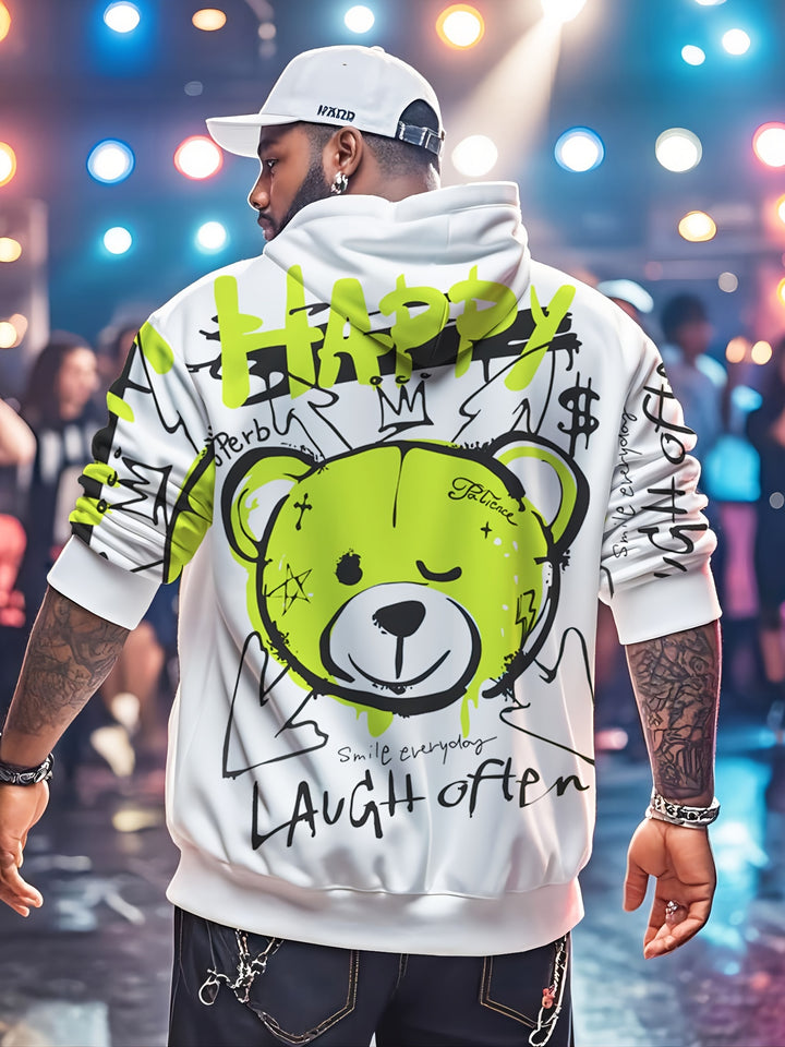 1pc Happy Bear Cartoon Graffiti Print Men'S Hoodie, Casual Streetwear Style, Loose Fit Pullover, Polyester Knit Fabric, Regular Size, Party & Daily Wear