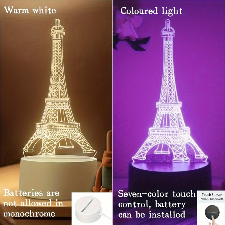 3D Illusion Eiffel Tower LED Night Light, Touch Control Acrylic Table Lamp with 7 Color Changing, Energy Saving USB Rechargeable Desk Decor, Romantic Paris Visual Art Gift