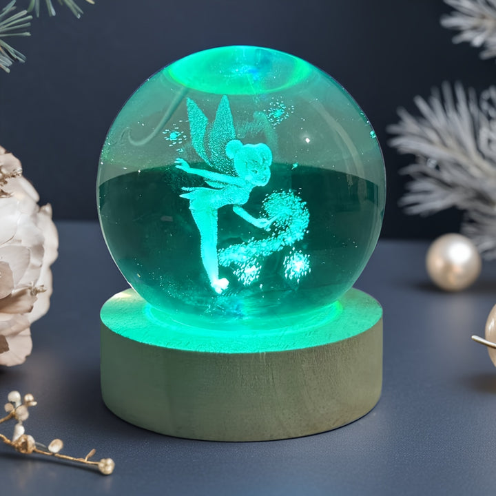 3D Laser Engraved Dancing Fairy Crystal Ball LED Night Light, RGB Light, USB Powered, Multi Colors, Indoor Use