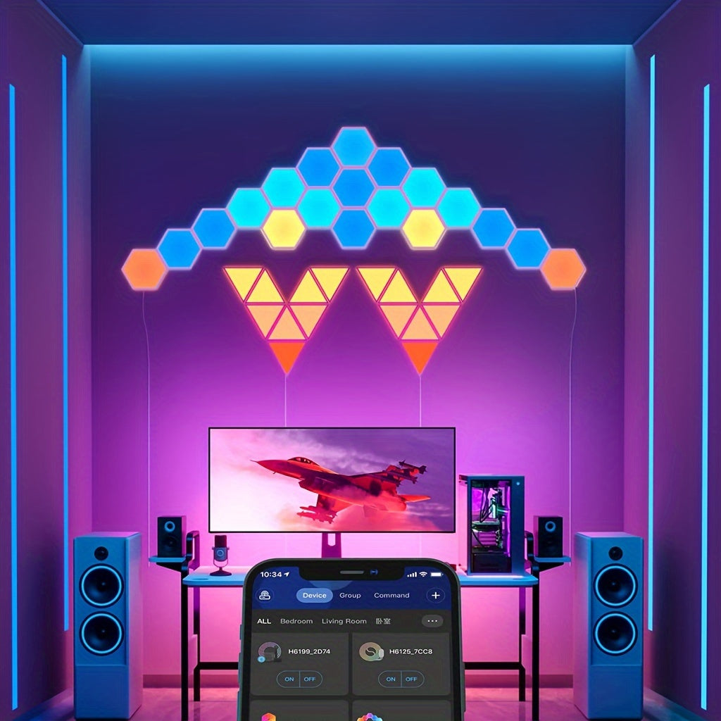 Smart RGB Hexagonal Wall Panels - App-Controlled Sync Honeycomb LED Lights, Non-Waterproof, Wall Mount, Decoration Use, ≤36V, Wireless, Plastic PVC, Toggle On/Off, Powered by USB, Dimmable Color Changing Mood Lighting, With