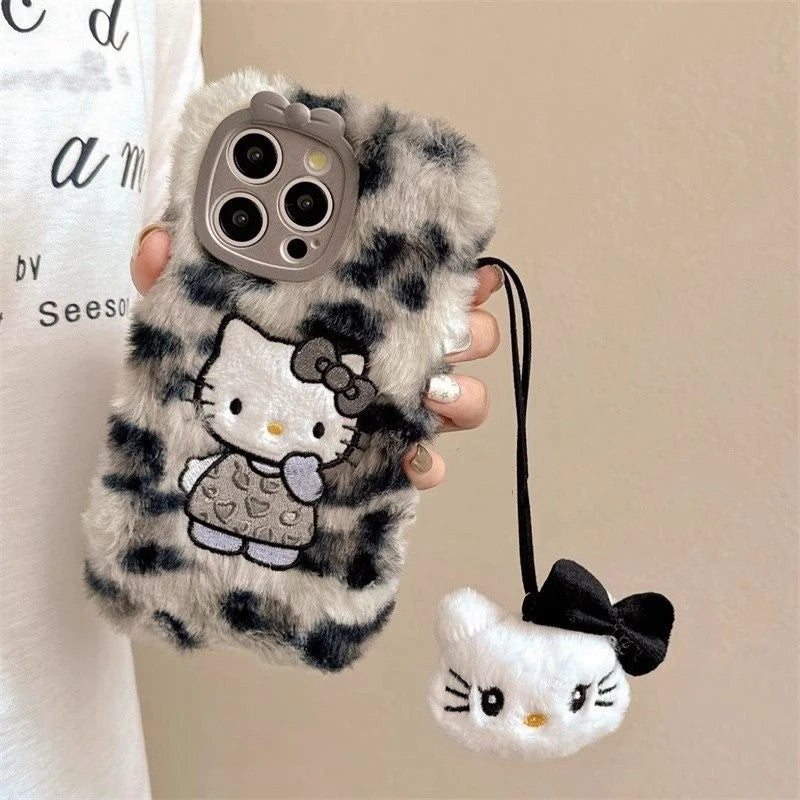 [Sanrio] New Autumn And Winter Plush Embroidered Cute Leopard print Hello Kitty Phone Case, Compatible with iPhone Models 11 to 16.max Simple and Fashionable Autumn and Winter Models. It's a Perfect Gift for Any Occasion.