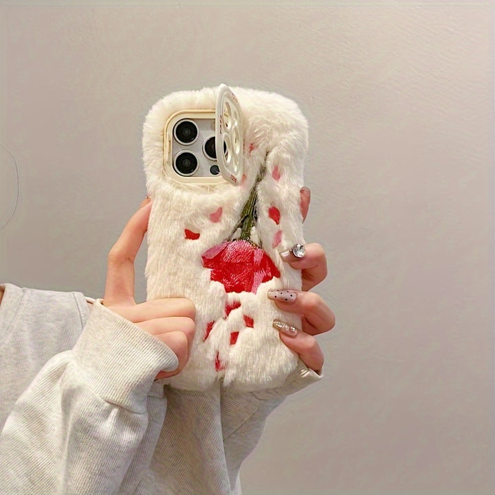 Autumn and Winter Plush Embroidered Rose Flower Holder Mobile Phone Case, Suitable for Apple 16/ 15 Pro Max/15 Pro/15/15Plus/14 Pro Max/14 Pro/14Plus/14/13 Pro Max/13 Pro/13 /12 Pro Max/12 Pro/12/11Pro max/11 Couple Full Pack