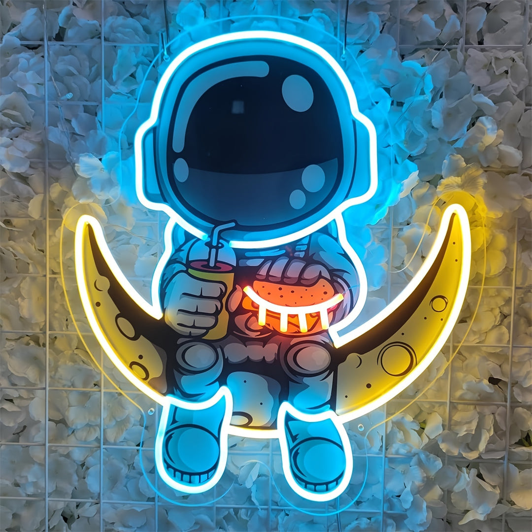 Astronaut Art Neon Sign, Handcrafted Acrylic LED Neon Light, Space-Themed Wall Hanging Decor with USB Power, Non-Dimmable Plastic Astronaut with Burger and Moon, Ideal for Bedroom, Kids Gift, 38cm