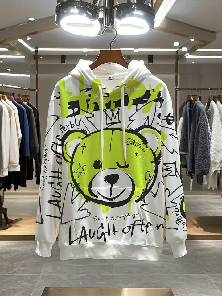 1pc Happy Bear Cartoon Graffiti Print Men'S Hoodie, Casual Streetwear Style, Loose Fit Pullover, Polyester Knit Fabric, Regular Size, Party & Daily Wear