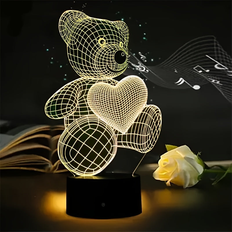 3D Illusion LED Night Light, USB Powered Bear with Heart, 16 Color Touch Switch Bedroom Decorative Lighting, Modern Fantasy Geometric Pattern, Remote Control Tabletop Lamp, Perfect Holiday Gift