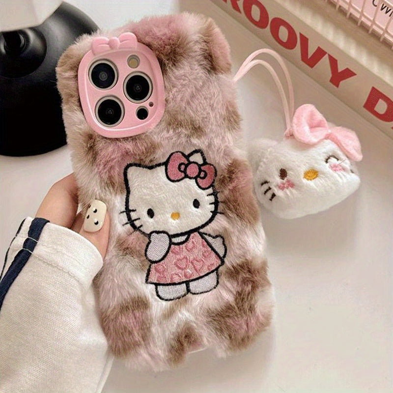 [Sanrio] New Autumn And Winter Plush Embroidered Cute Leopard print Hello Kitty Phone Case, Compatible with iPhone Models 11 to 16.max Simple and Fashionable Autumn and Winter Models. It's a Perfect Gift for Any Occasion.