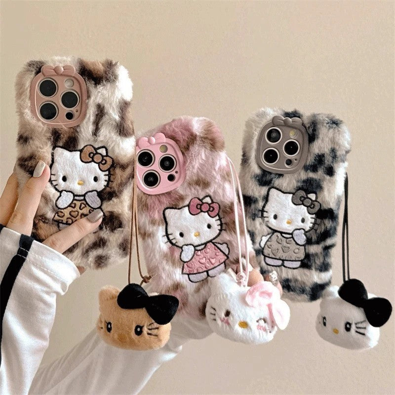 [Sanrio] New Autumn And Winter Plush Embroidered Cute Leopard print Hello Kitty Phone Case, Compatible with iPhone Models 11 to 16.max Simple and Fashionable Autumn and Winter Models. It's a Perfect Gift for Any Occasion.