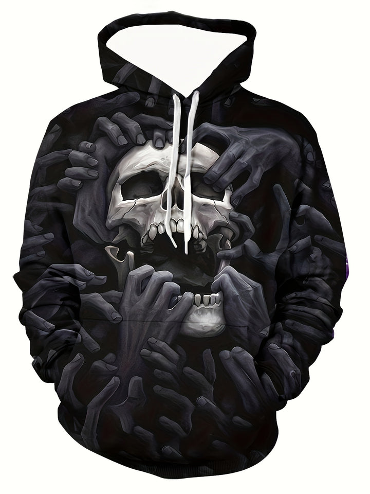 Men's Broken Skull And Hands Pattern Hooded Sweatshirt With Drawstring And Kangaroo Pocket, Sports Fashion Hoodie For Spring And Fall