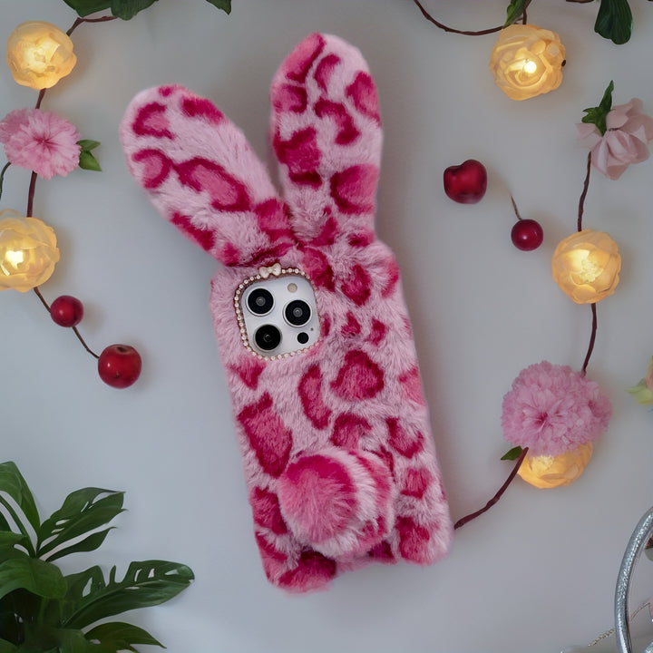 Plush Mobile Phone Case Rose Red Leopard Rabbit Ears