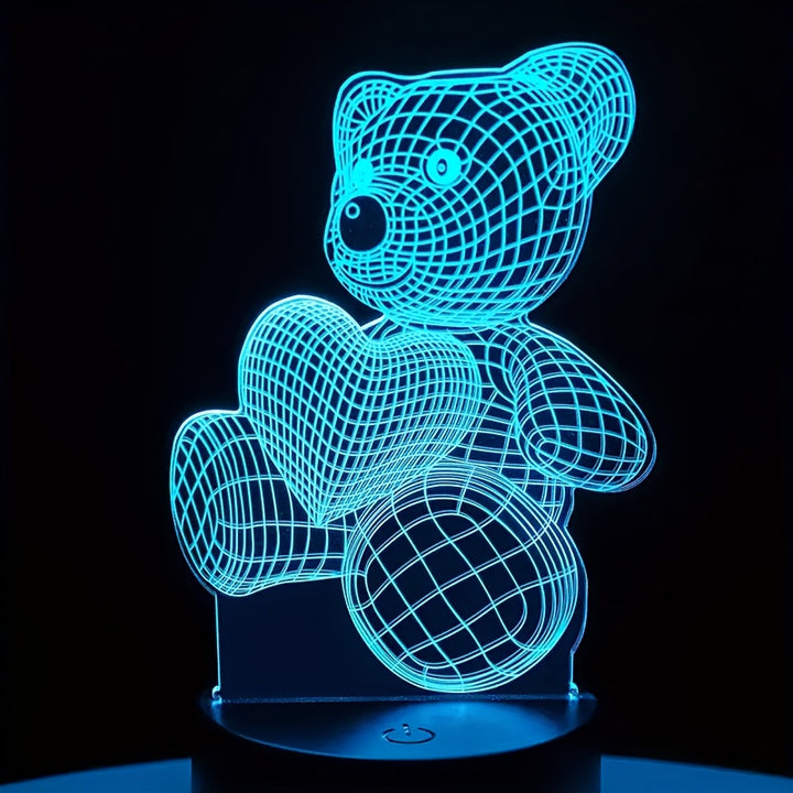 3D Illusion LED Night Light, USB Powered Bear with Heart, 16 Color Touch Switch Bedroom Decorative Lighting, Modern Fantasy Geometric Pattern, Remote Control Tabletop Lamp, Perfect Holiday Gift