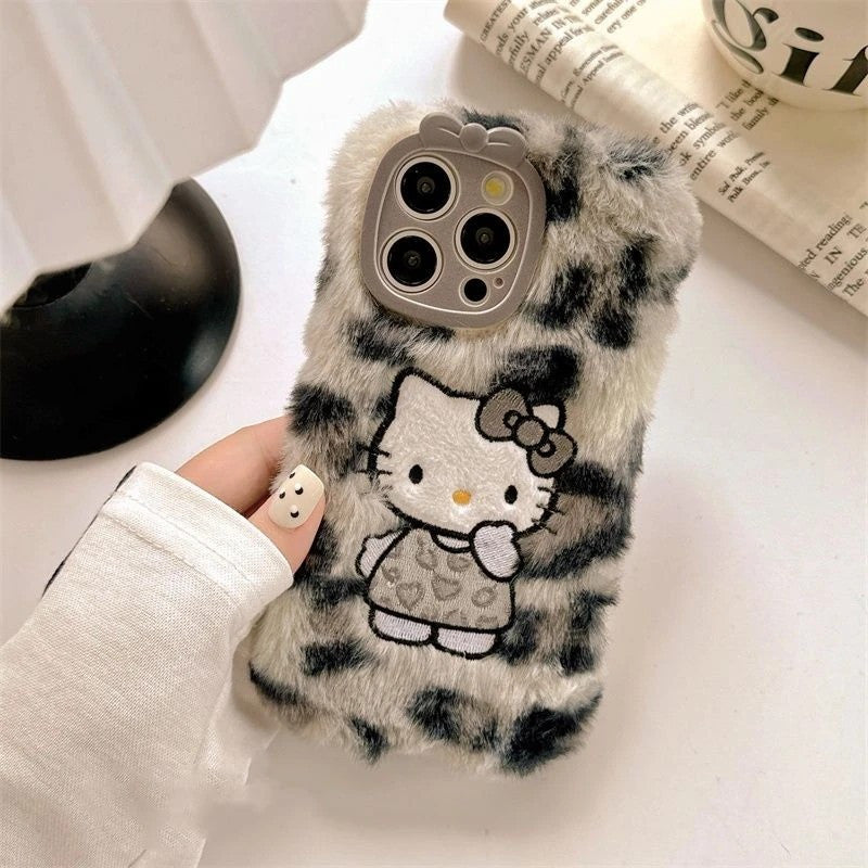 [Sanrio] New Autumn And Winter Plush Embroidered Cute Leopard print Hello Kitty Phone Case, Compatible with iPhone Models 11 to 16.max Simple and Fashionable Autumn and Winter Models. It's a Perfect Gift for Any Occasion.