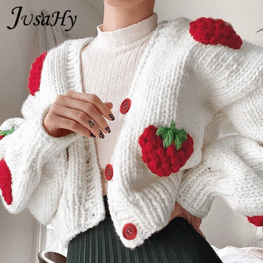 JuSaHy Maglioni cardigan natalizi con decorazione elegante a forma di fragola per le donne Cappotto monopetto allentato con scollo a V da ragazza Nuovo - Gufetto Brand 