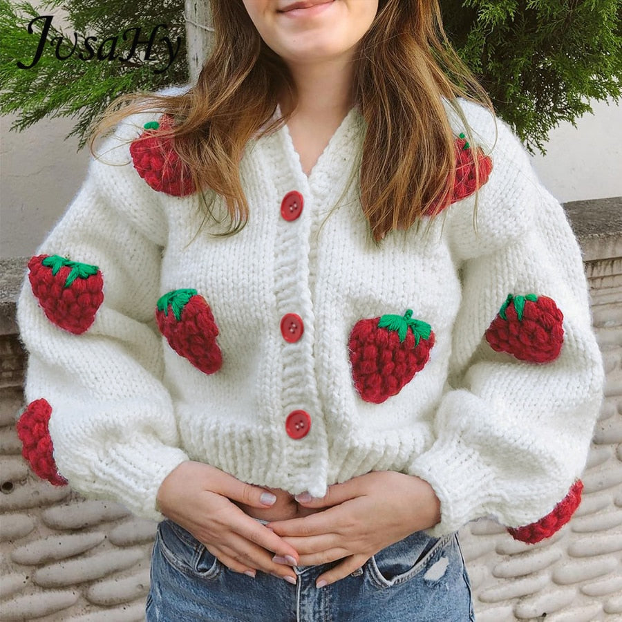 JuSaHy Maglioni cardigan natalizi con decorazione elegante a forma di fragola per le donne Cappotto monopetto allentato con scollo a V da ragazza Nuovo - Gufetto Brand 