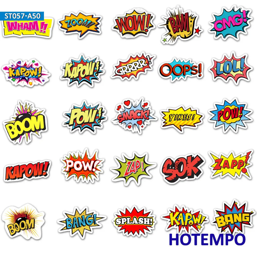 50pcs BAM POW WOW BOOM BANG OMG OOP Explosion Cloud Style Anime Slogan Stickers Pack for Phone Laptop Luggage Skateboard Sticker - Gufetto Brand 